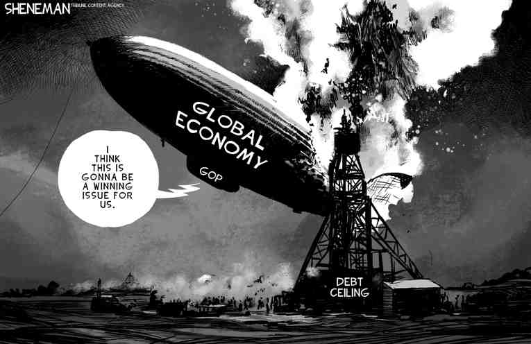Political/Editorial Cartoon by Drew Sheneman, Newark Star Ledger on Republicans Threaten Default