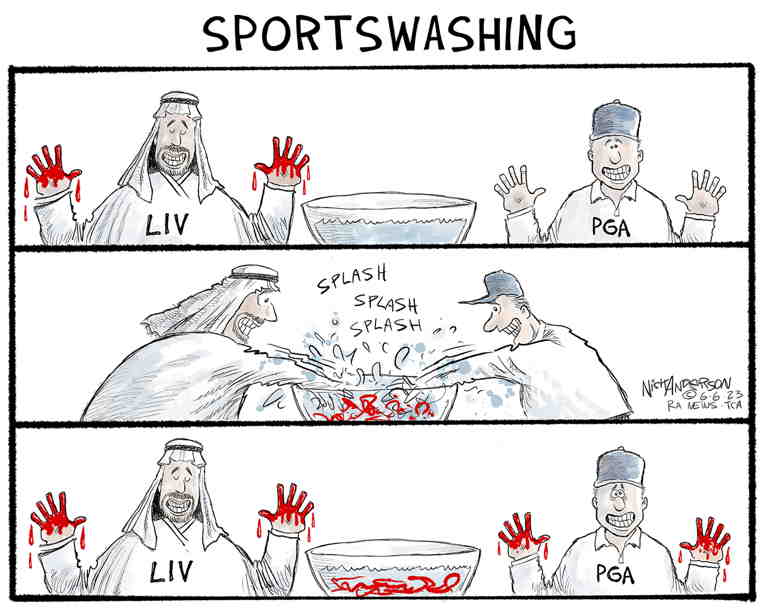 Political/Editorial Cartoon by Nick Anderson, Houston Chronicle on PGA Goes OB