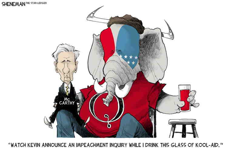 Political/Editorial Cartoon by Drew Sheneman, Newark Star Ledger on McCarthy OKs Impeachment Inquiry