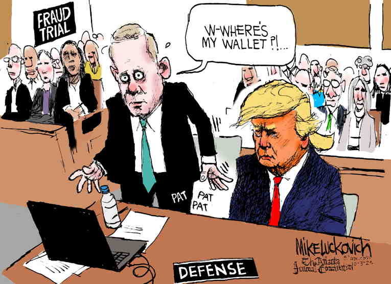 Political/Editorial Cartoon by Mike Luckovich, Atlanta Journal-Constitution on Trump Fraud Trial Continues