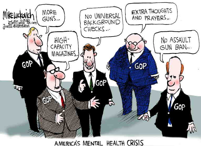 Political/Editorial Cartoon by Mike Luckovich, Atlanta Journal-Constitution on Mass Killing Claims 18 Lives