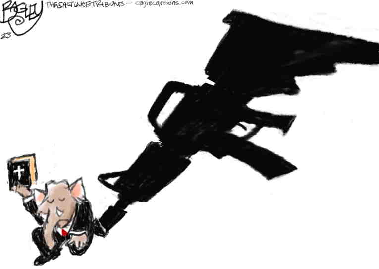 Political/Editorial Cartoon by Pat Bagley, Salt Lake Tribune on Mass Killing Claims 18 Lives