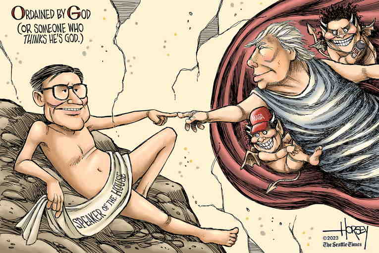 Political/Editorial Cartoon by David Horsey on “MAGA Mike” Named Speaker