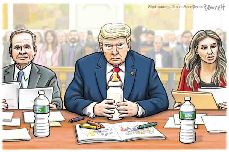 Political/Editorial Cartoon by Clay Bennett, Chattanooga Times Free Press on Prosecution Rests in Trump Trial