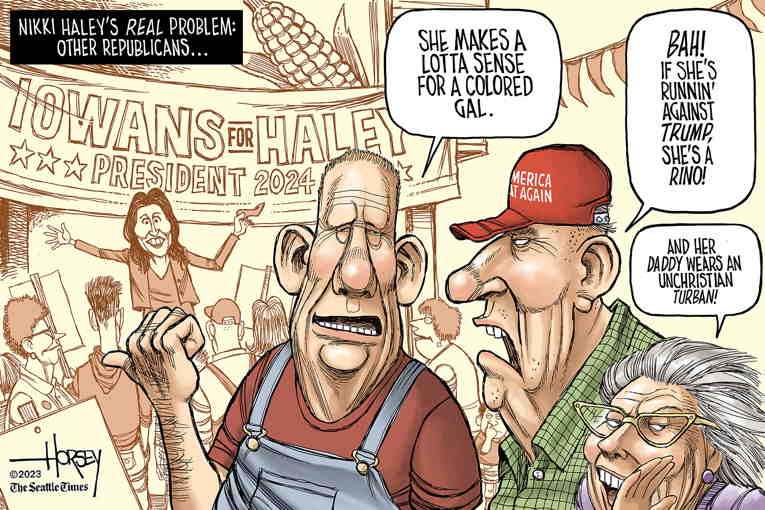 Political/Editorial Cartoon by David Horsey on DeSantis Falls, Haley Rises