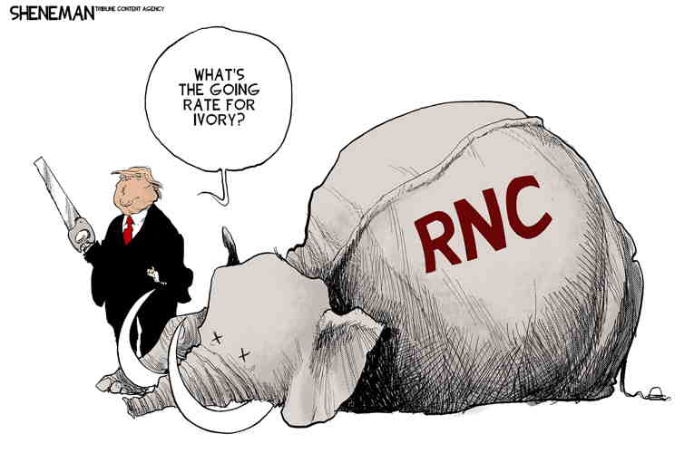 Political/Editorial Cartoon by Drew Sheneman, Newark Star Ledger on GOP Submits to Trump