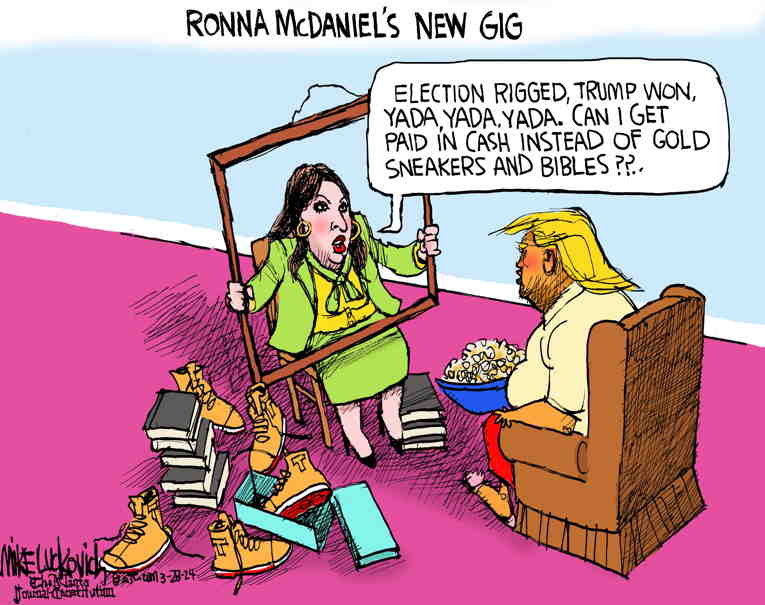 Political/Editorial Cartoon by Mike Luckovich, Atlanta Journal-Constitution on NBC Hires MAGA Stooge