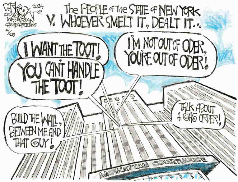 Political/Editorial Cartoon by John Darkow, Columbia Daily Tribune, Missouri on Trump Prosecution Begins