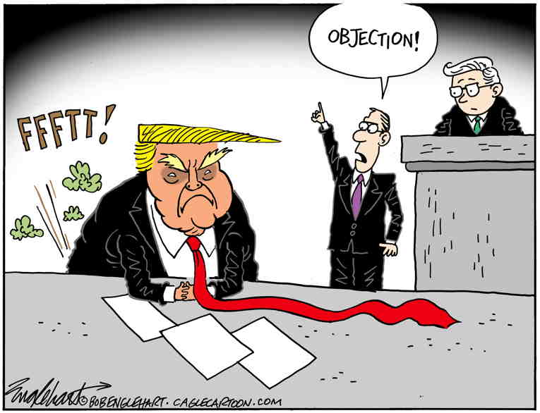 Political/Editorial Cartoon by Bob Englehart, Hartford Courant on Trump Trial Turns Stormy