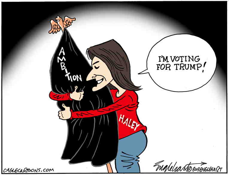 Political/Editorial Cartoon by Bob Englehart, Hartford Courant on Haley Licks Trump’s Boots
