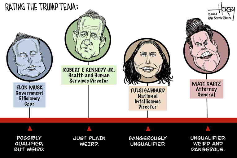 Political/Editorial Cartoon by David Horsey on Cabinet Picks Surprise Some
