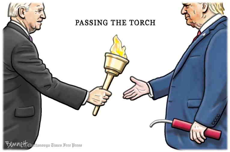 Political/Editorial Cartoon by Clay Bennett, Chattanooga Times Free Press on Trump Wastes No Time