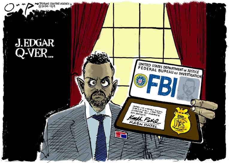 Political/Editorial Cartoon by Jack Ohman, The Oregonian on Patel Under Fire