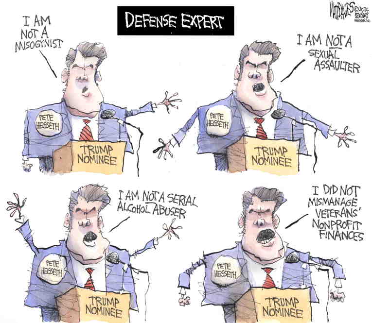 Political/Editorial Cartoon by Matt Davies, Journal News on Hegseth Under Fire