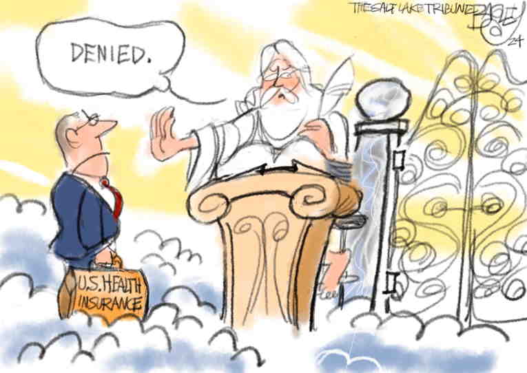 Political/Editorial Cartoon by Pat Bagley, Salt Lake Tribune on Health Executive Murdered