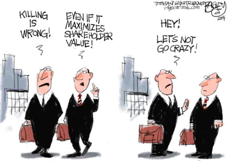 Political/Editorial Cartoon by Pat Bagley, Salt Lake Tribune on Health Executive Murdered