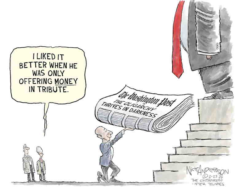 Political/Editorial Cartoon by Nick Anderson, Houston Chronicle on Bezos Kisses Ring Again