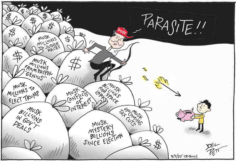 Political/Editorial Cartoon by Joel Pett, Lexington Herald-Leader, CWS/CartoonArts Intl. on Musk Goes Bat Shit Crazy