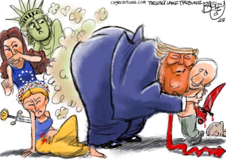 Political/Editorial Cartoon by Pat Bagley, Salt Lake Tribune on Trump Aligns With Putin