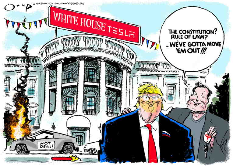 Political/Editorial Cartoon by Jack Ohman, The Oregonian on World Protesting Tesla