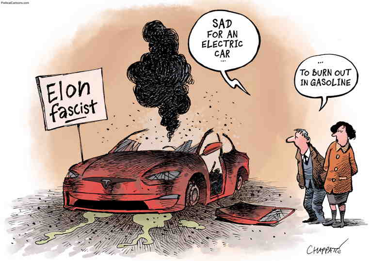 Political/Editorial Cartoon by Patrick Chappatte, International Herald Tribune on World Protesting Tesla