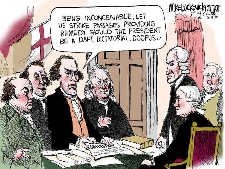 Political/Editorial Cartoon by Mike Luckovich, Atlanta Journal-Constitution on Trump Leaks War Plans