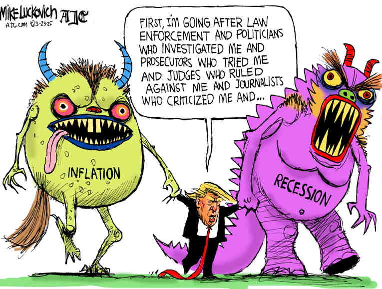 Political/Editorial Cartoon by Mike Luckovich, Atlanta Journal-Constitution on Trump Leaks War Plans