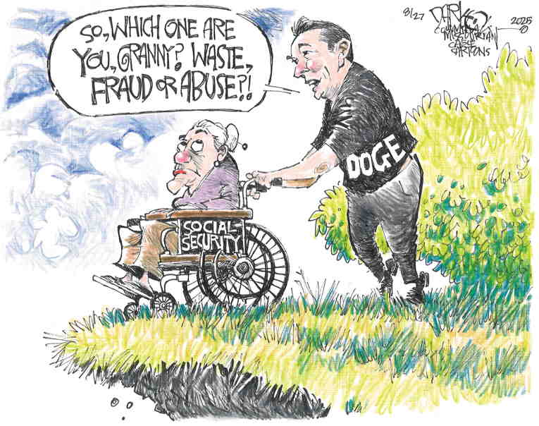 Political/Editorial Cartoon by John Darkow, Columbia Daily Tribune, Missouri on DOGE Invades Social Security