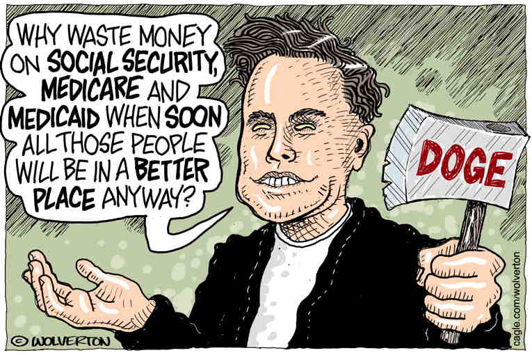Political/Editorial Cartoon by Monte Wolverton, Cagle Cartoons on DOGE Invades Social Security