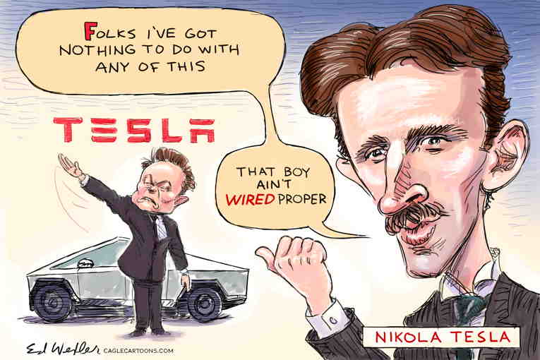 Political/Editorial Cartoon by Ed Wexler, PoliticalCartoons.com on Tesla in Trouble