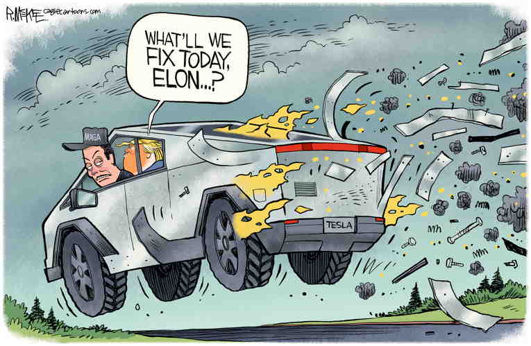 Political/Editorial Cartoon by Rick McKee, The Augusta Chronicle on Tesla in Trouble