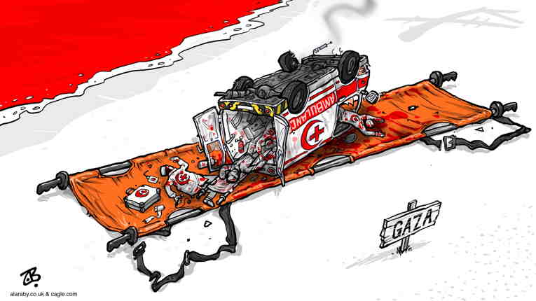 Political/Editorial Cartoon by Emad Hajjaj, Al Ghad, Amman, Jordan on Israel Bombs Hospitals