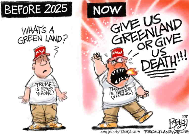 Political/Editorial Cartoon by Pat Bagley, Salt Lake Tribune on President Woos Greenland
