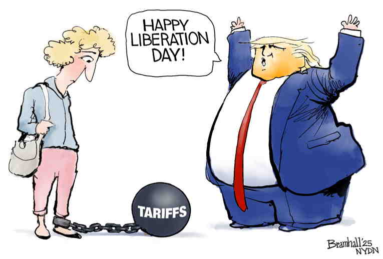 Political/Editorial Cartoon by Bill Bramhall, New York Daily News on Trump Imposes Sweeping Tarifs