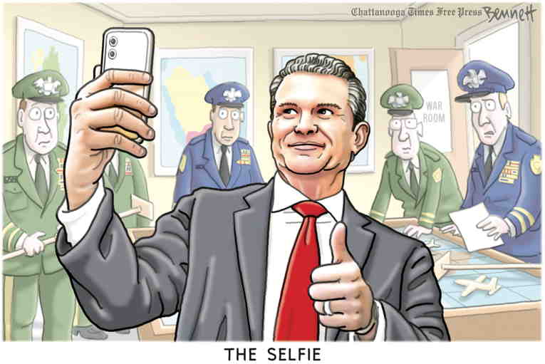 Political/Editorial Cartoon by Clay Bennett, Chattanooga Times Free Press on Hegseth Feels the Heat