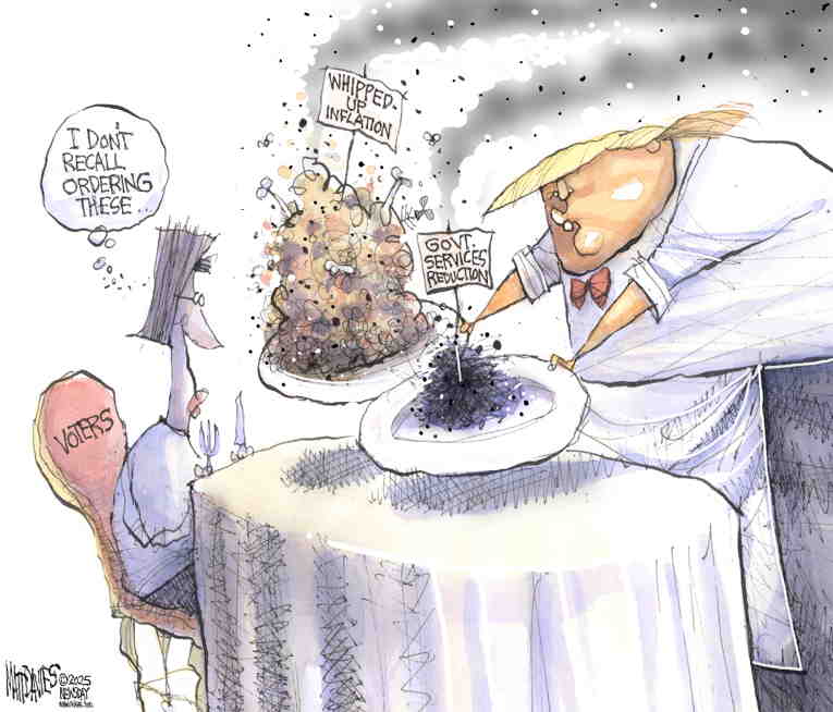 Political/Editorial Cartoon by Matt Davies, Journal News on President Praises Trump