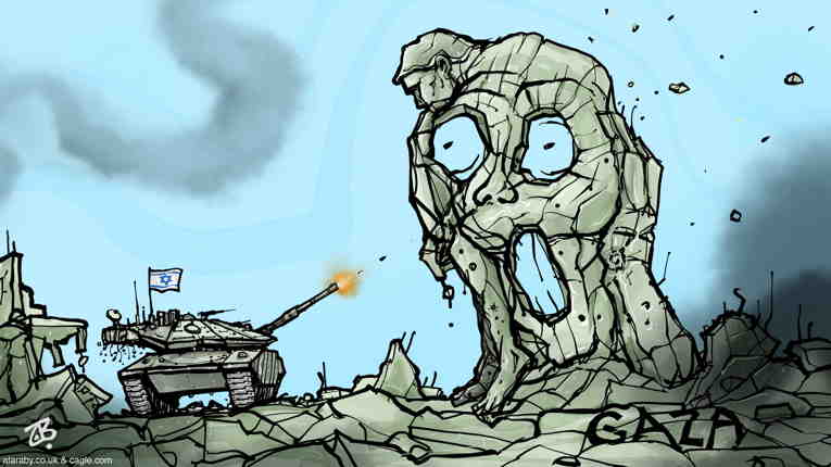 Political/Editorial Cartoon by Emad Hajjaj, Al Ghad, Amman, Jordan on Gaza Sufferring Continues