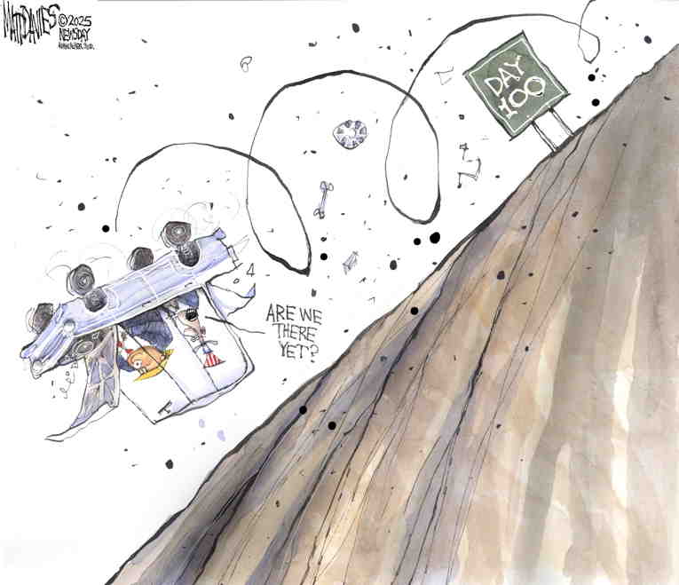 Political/Editorial Cartoon by Matt Davies, Journal News on 100 Days of Blitzkrieg