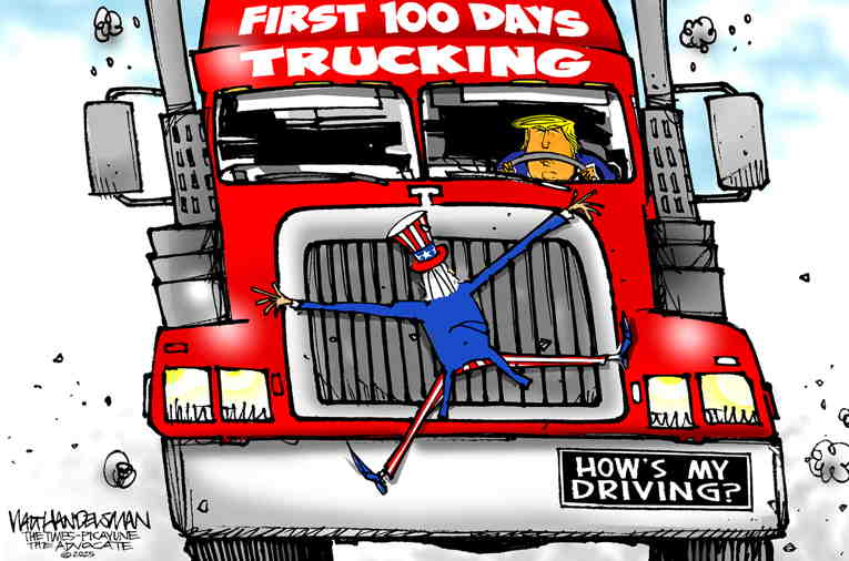 Political/Editorial Cartoon by Walt Handelsman, Newsday on 100 Days of Blitzkrieg