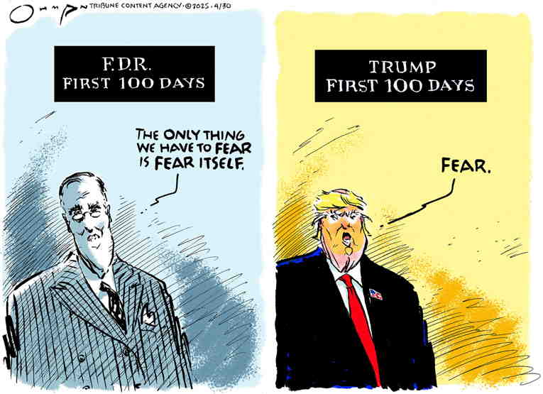 Political/Editorial Cartoon by Jack Ohman, The Oregonian on 100 Days of Blitzkrieg