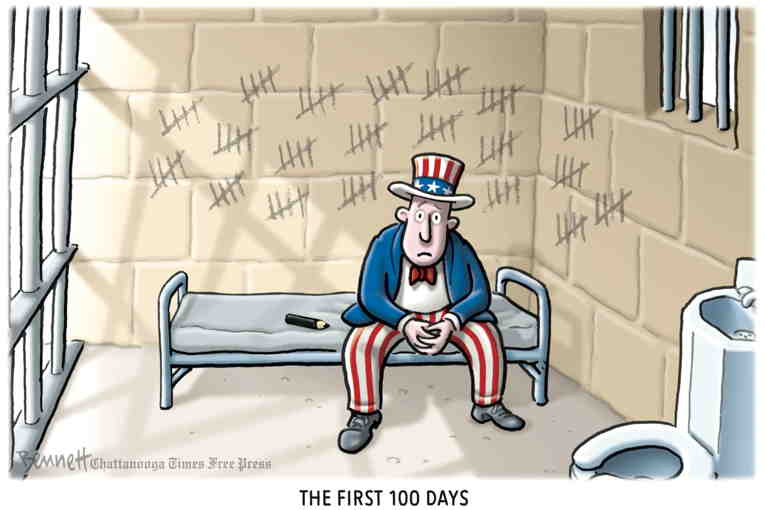 Political/Editorial Cartoon by Clay Bennett, Chattanooga Times Free Press on 100 Days of Blitzkrieg