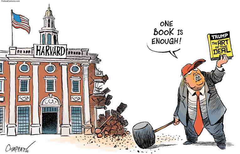Political/Editorial Cartoon by Patrick Chappatte, International Herald Tribune on Trump Escalates Harvard War