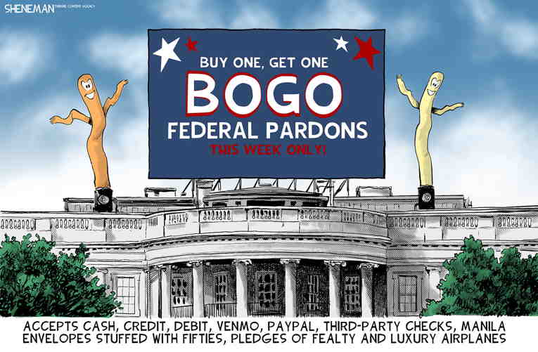 Political/Editorial Cartoon by Drew Sheneman, Newark Star Ledger on Trump Selling Pardons